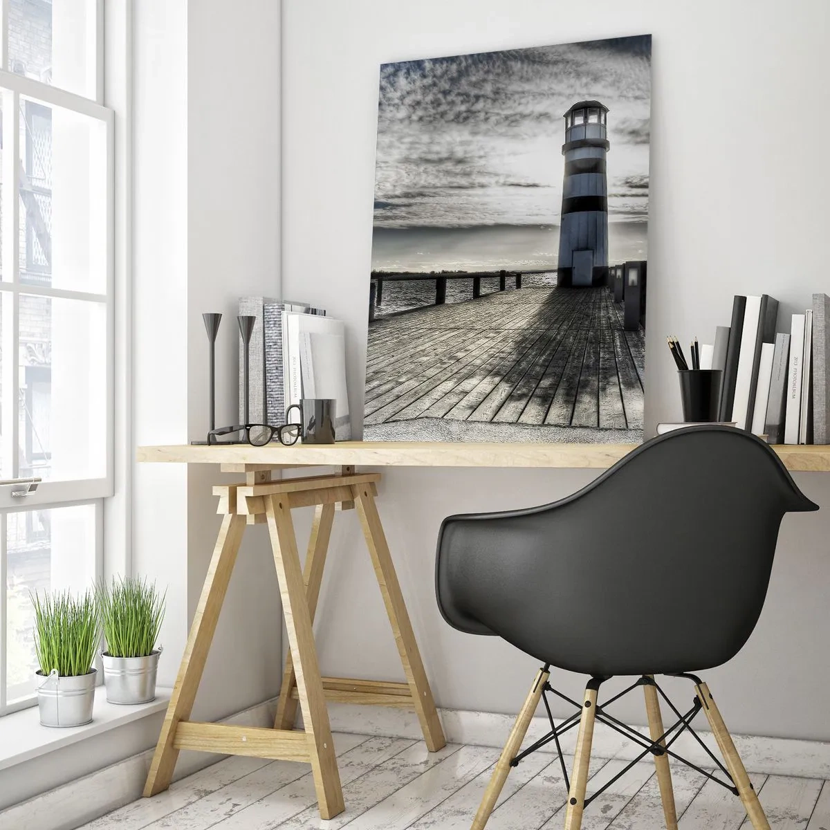 Impression sur verre - Image sur verre - Phare sur une jetée en bois surplombant la mer. - 70x100cm - Marins, je vous attend - Décoration murale moderne pour le salon et la chambre ARTTOR