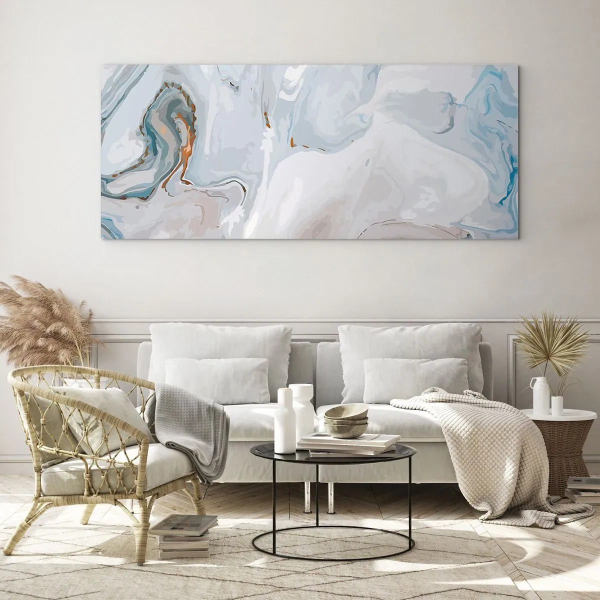 Impression sur verre - Image sur verre - Vagues abstraites dans des tons de bleu et de blanc - 120x50cm - Blanc surélevé - Décoration murale moderne pour le salon et la chambre ARTTOR