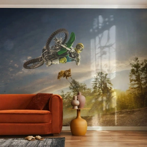 Papier Peint Photo Premium Sand - Saut de motocross dans les airs sur fond de coucher de soleil - 100x70cm - Activez les émotions ! - Décoration murale moderne pour le salon et la chambre ARTTOR