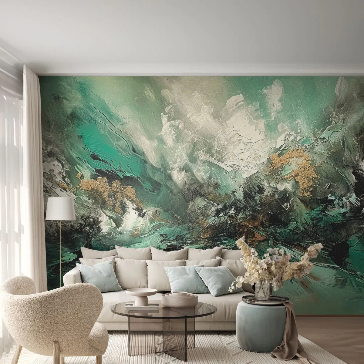 Papier Peint Photo Premium Canvas - Paysage abstrait dans les tons de vert et d'or - 100x70cm - Ressac émeraude et noir - Décoration murale moderne pour le salon et la chambre ARTTOR