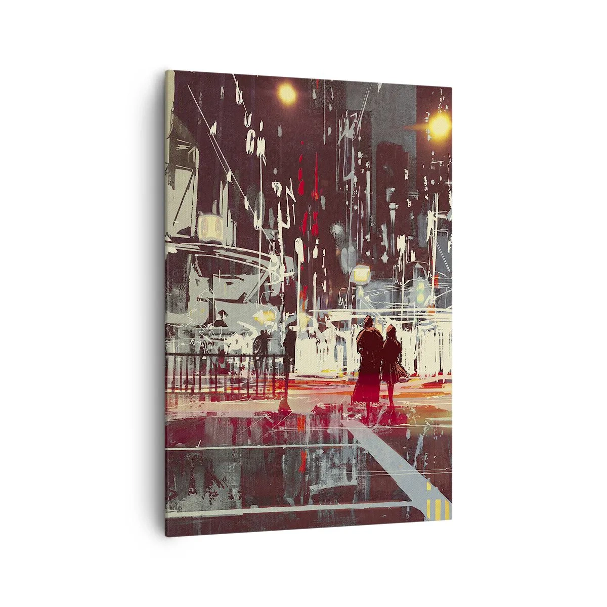 Impression sur toile - Image sur toile - Ville la nuit avec des néons et des silhouettes de personnes dans la rue - 70x100cm - Une grande traversée de ville - Décoration murale moderne pour le salon et la chambre ARTTOR