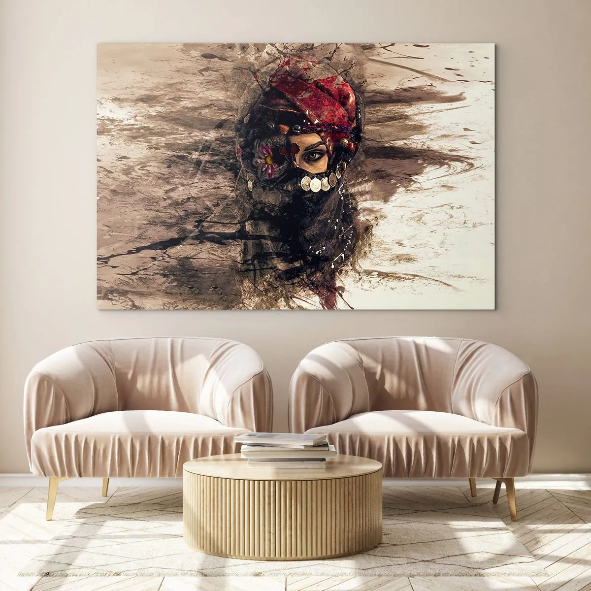 Impression sur verre - Image sur verre - Portrait d'une femme mystérieuse au turban rouge - 120x80cm - Inquiétant, c'est le moins qu'on puisse dire - Décoration murale moderne pour le salon et la chambre ARTTOR