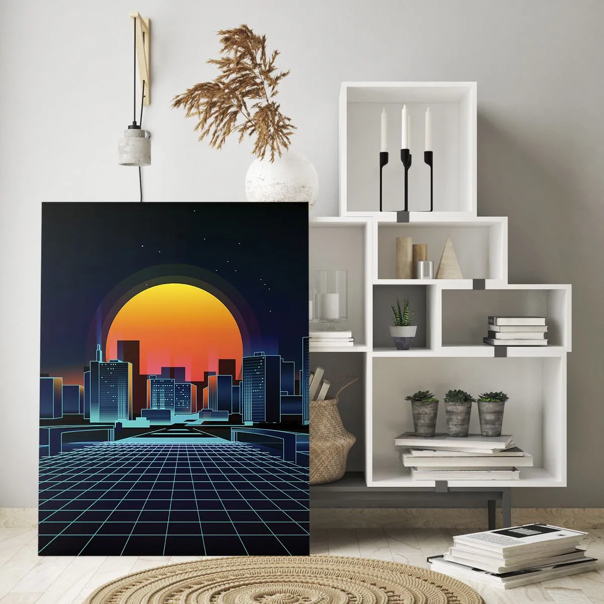 Impression sur verre - Image sur verre - Panorama de la ville futuriste avec coucher de soleil - 50x70cm - Vous voulez toujours passer au réel ? - Décoration murale moderne pour le salon et la chambre ARTTOR