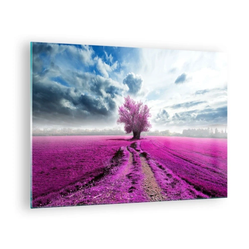 Impression sur verre - Image sur verre - Un arbre dans un champ de bruyère sous un ciel dynamique - 70x50cm - Lande - nature sauvage - Décoration murale moderne pour le salon et la chambre ARTTOR
