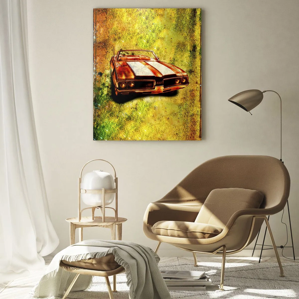 Impression sur verre - Image sur verre - Un cabriolet rétro sportif aux tons dorés sur fond vintage - 80x120cm - Puissance enchantée dans les formes - Décoration murale moderne pour le salon et la chambre ARTTOR