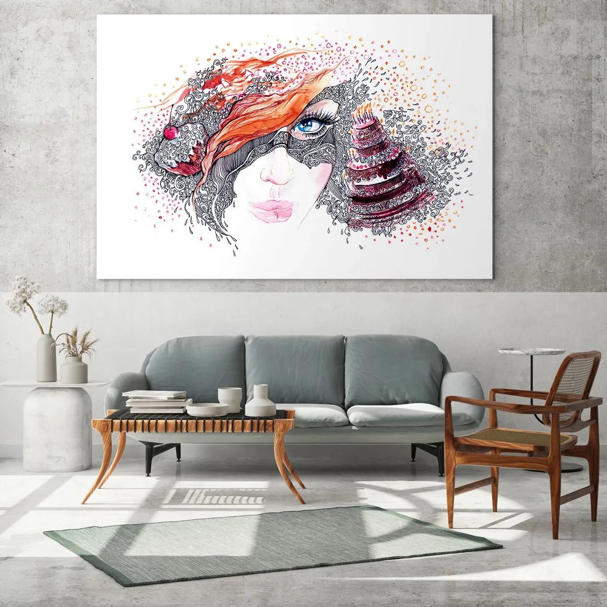 Impression sur verre - Image sur verre - Portrait d'une femme aux motifs dynamiques et aux accents rouges - 120x80cm - Avec elle, c'est tous les jours la fête - Décoration murale moderne pour le salon et la chambre ARTTOR