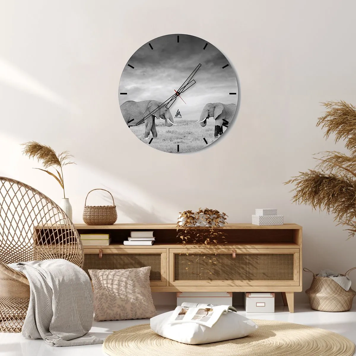 Horloge murale - Pendule murale - Deux éléphants dans la savane en noir et blanc - 30x30cm - Le gris est beau - Décoration murale moderne pour le salon, la cuisine et la chambre ARTTOR