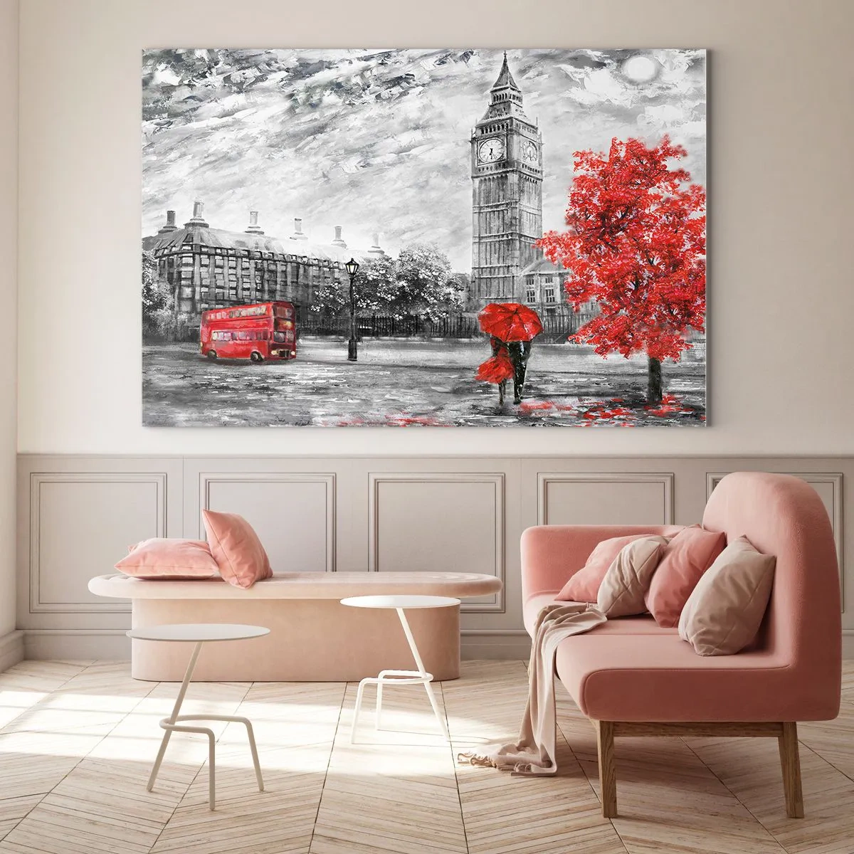 Impression sur verre - Image sur verre - Big Ben avec un bus rouge et un parapluie sur fond d'arbres d'automne - 120x80cm - Une journée passionnante - Décoration murale moderne pour le salon et la chambre ARTTOR