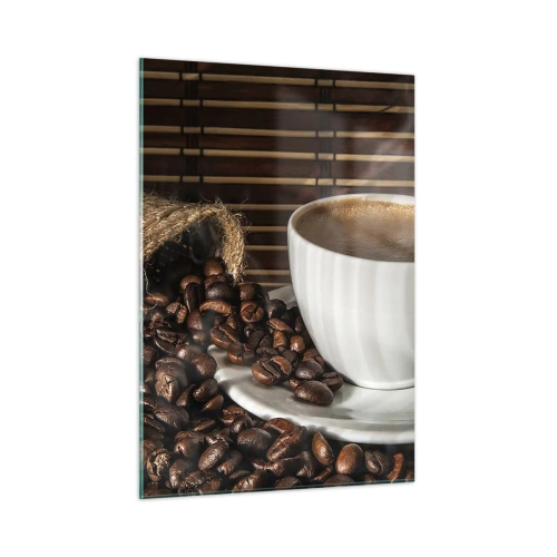 Impression sur verre - Image sur verre - Une tasse de café avec des grains sur un fond rustique - 50x70cm - La noirceur du charbon, la clarté de l'ambre - Décoration murale moderne pour le salon et la chambre ARTTOR
