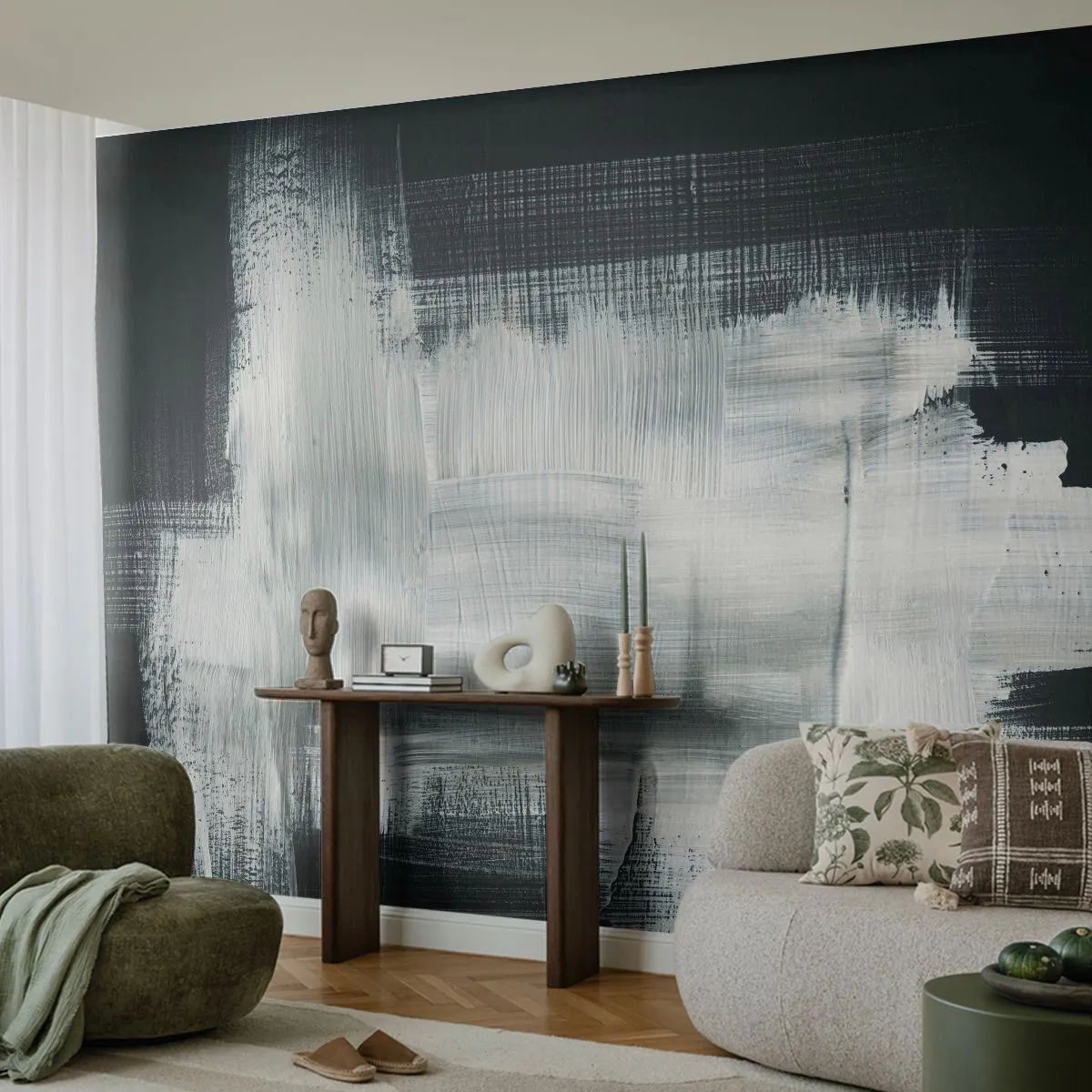 Papier Peint Autocollant Deluxe Sticker - Tissé à la verticale et à l'horizontale - Abstraction, Morceau, Noir et blanc - 350x256 cm