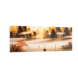 Impression sur verre - Image sur verre - Un paysage oriental avec une rivière, des montagnes et un doux brouillard. - 140x50cm - Plus loin que l'Extrême-Orient - Décoration murale moderne pour le salon et la chambre ARTTOR
