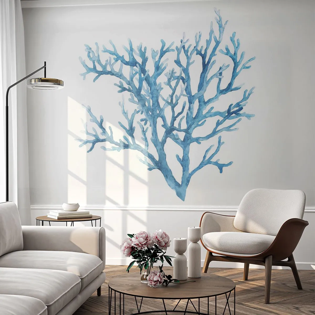 Papier Peint Photo Premium Sand - Corail bleu sur fond blanc en technique aquarelle - 100x70cm - Filigrane nautique - Décoration murale moderne pour le salon et la chambre ARTTOR