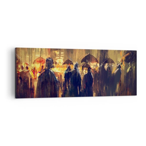 Impression sur toile - Image sur toile - Personnages avec des parapluies dans une ville pluvieuse la nuit - 140x50cm - Adeptes de la pluie - Décoration murale moderne pour le salon et la chambre ARTTOR