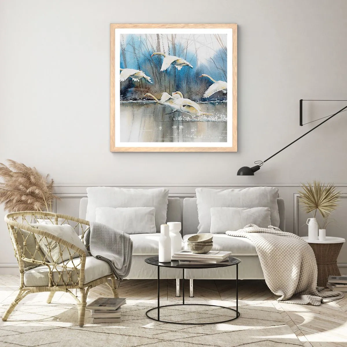 Affiche dans un chêne clair - Poster - Comme dans un conte de fées sur les cygnes sauvages - 30x30 cm
