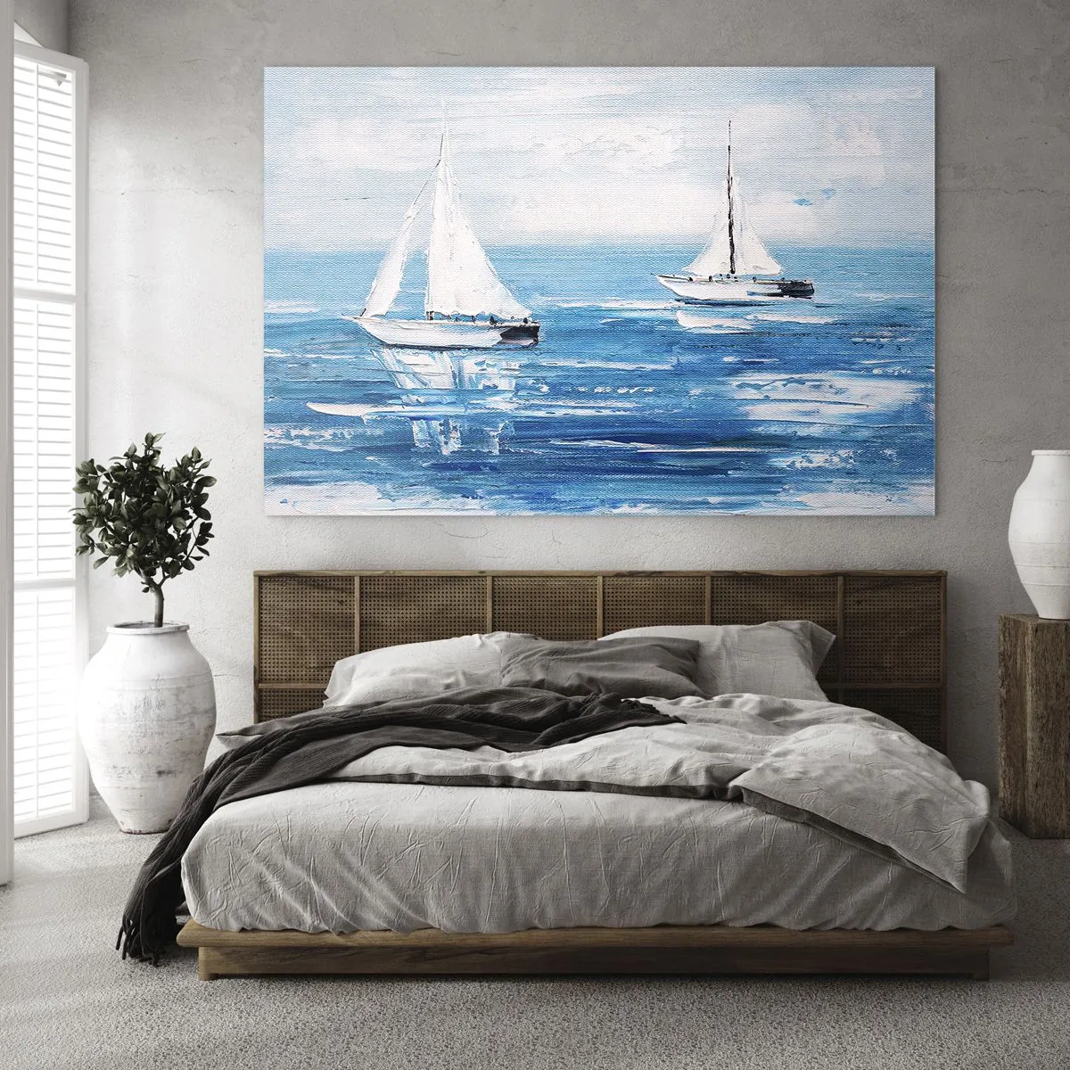Impression sur verre - Image sur verre - Deux voiliers blancs sur une mer bleue calme - 70x50cm - Avec un ami à mes côtés - Décoration murale moderne pour le salon et la chambre ARTTOR