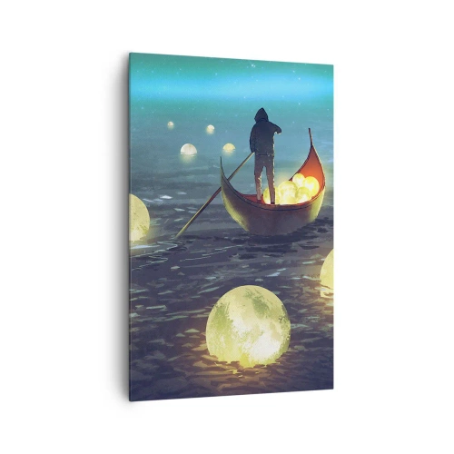 Impression sur toile - Image sur toile - Une silhouette dans un bateau entourée de boules lumineuses sur l'eau - 80x120cm - Des choses dont les philosophes n'ont jamais rêvé - Décoration murale moderne pour le salon et la chambre ARTTOR