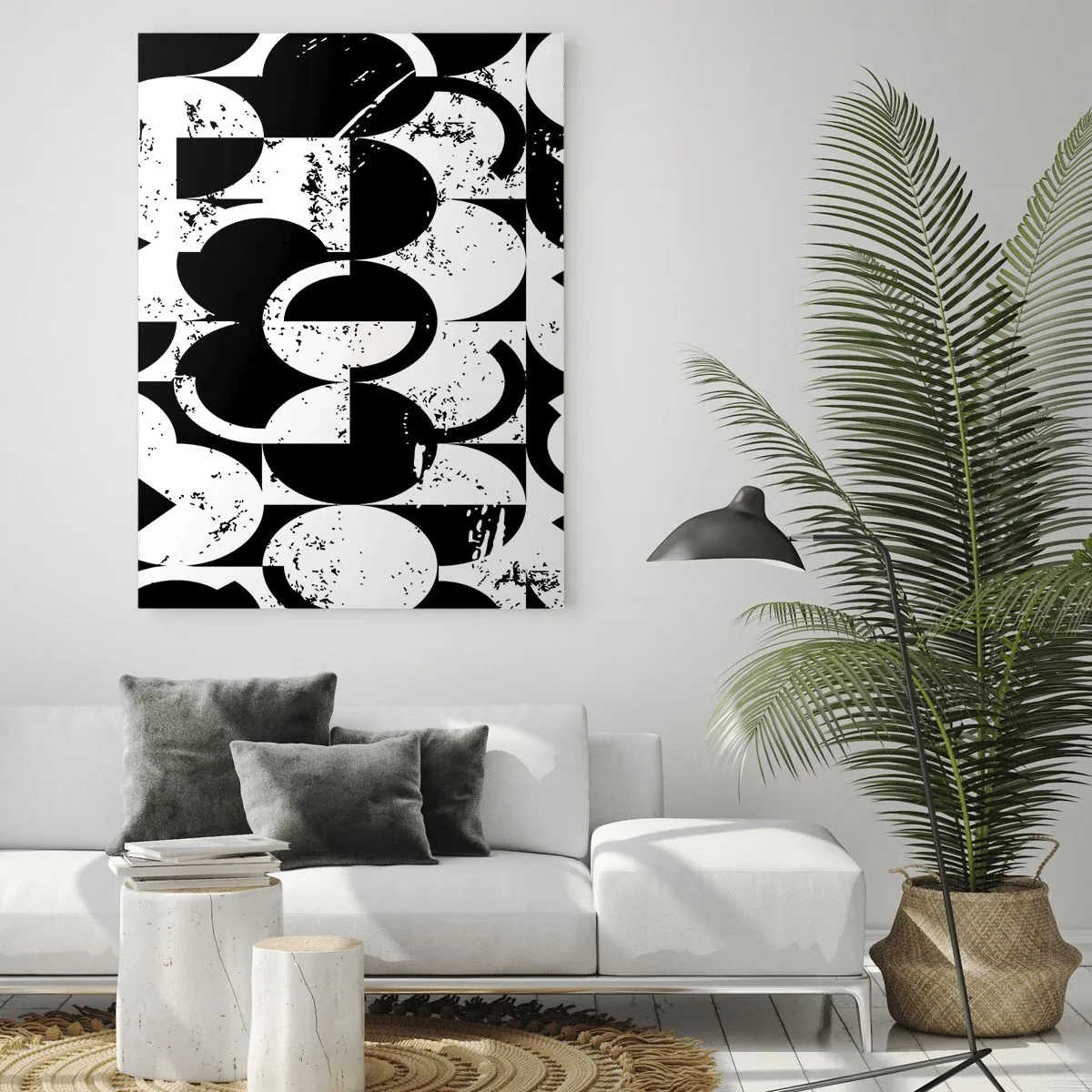 Impression sur verre - Image sur verre - Motif géométrique abstrait noir et blanc avec un effet vintage - 80x120cm - Le blanc est blanc et le noir est noir - Décoration murale moderne pour le salon et la chambre ARTTOR