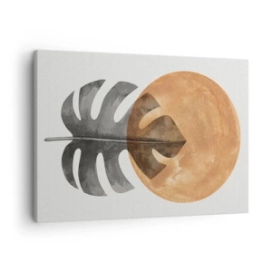 Impression sur toile - Image sur toile - Feuille de Monstera et cercle doré sur fond clair - 70x50cm - Toujours le soleil - Décoration murale moderne pour le salon et la chambre ARTTOR