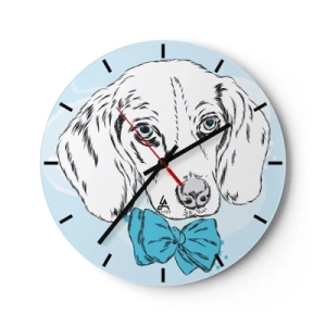 Horloge murale - Pendule murale - Dessin artistique d'un chien avec un nœud papillon bleu sur fond clair - 30x30cm - L'élégance du chien - Décoration murale moderne pour le salon, la cuisine et la chambre ARTTOR