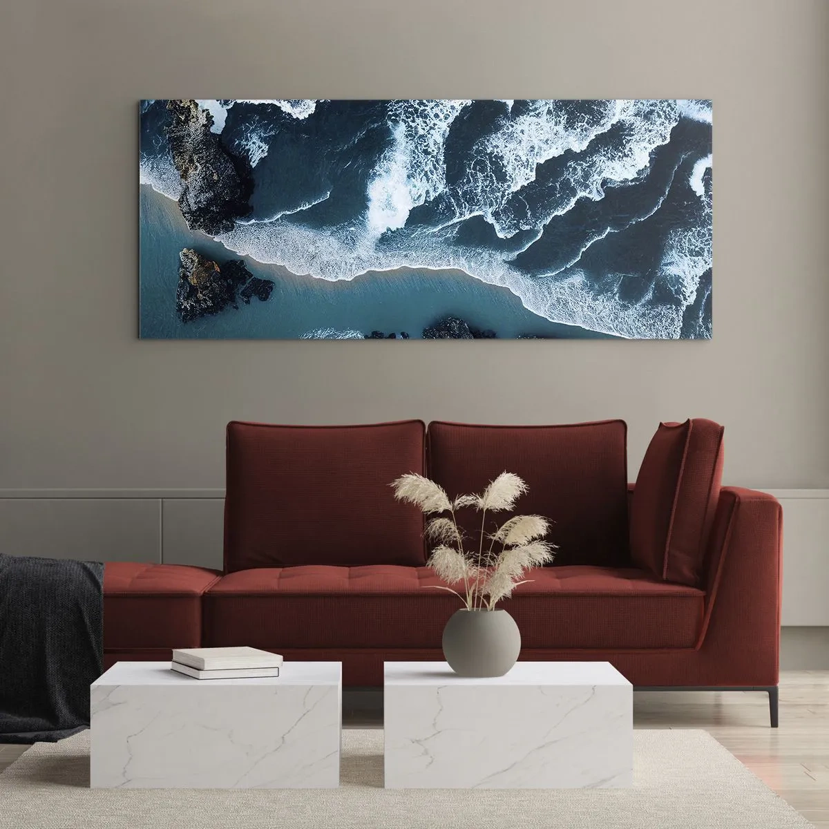 Impression sur verre - Image sur verre - Vue aérienne des vagues s'écrasant sur le rivage - 140x50cm - Enveloppé par les vagues - Décoration murale moderne pour le salon et la chambre ARTTOR