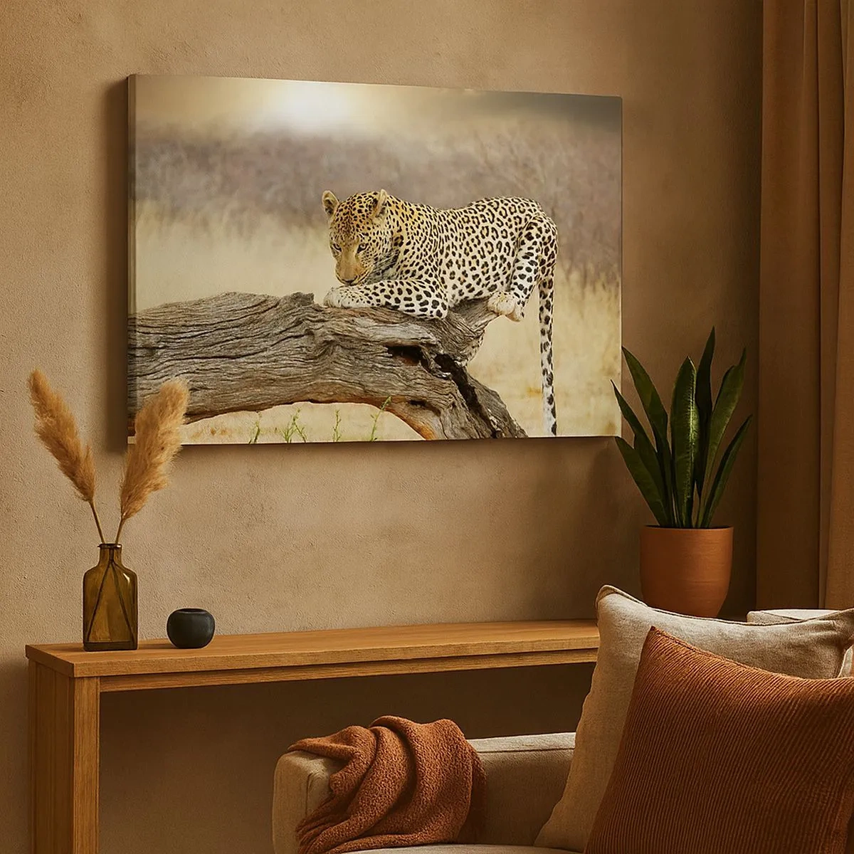 Impression sur toile - Image sur toile - Un léopard se reposant sur un tronc d'arbre dans la savane - 70x50cm - Je suis ma propre route - Décoration murale moderne pour le salon et la chambre ARTTOR
