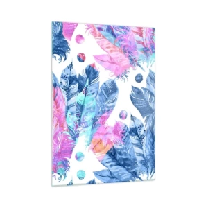 Impression sur verre - Image sur verre - Plumes colorées dans des tons de rose et de bleu sur fond blanc - 50x70cm - Plumes en rose et bleu - Décoration murale moderne pour le salon et la chambre ARTTOR