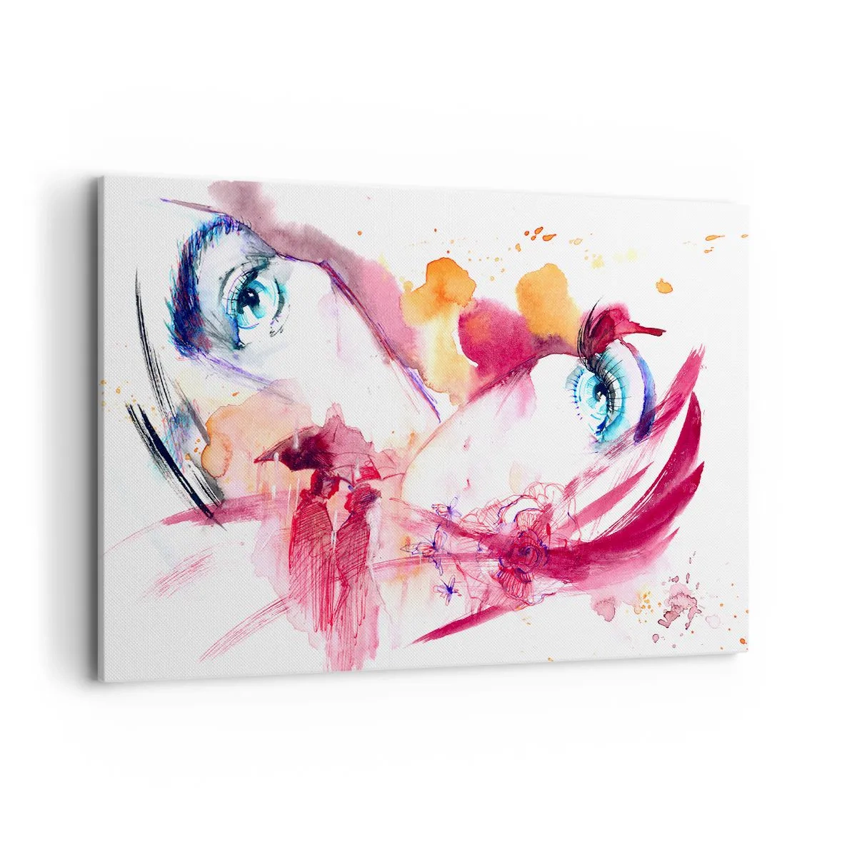 Impression sur toile - Image sur toile - Un visage abstrait avec des yeux expressifs et des accents rouges. - 120x80cm - Le monde prospère dans la proximité - Décoration murale moderne pour le salon et la chambre ARTTOR