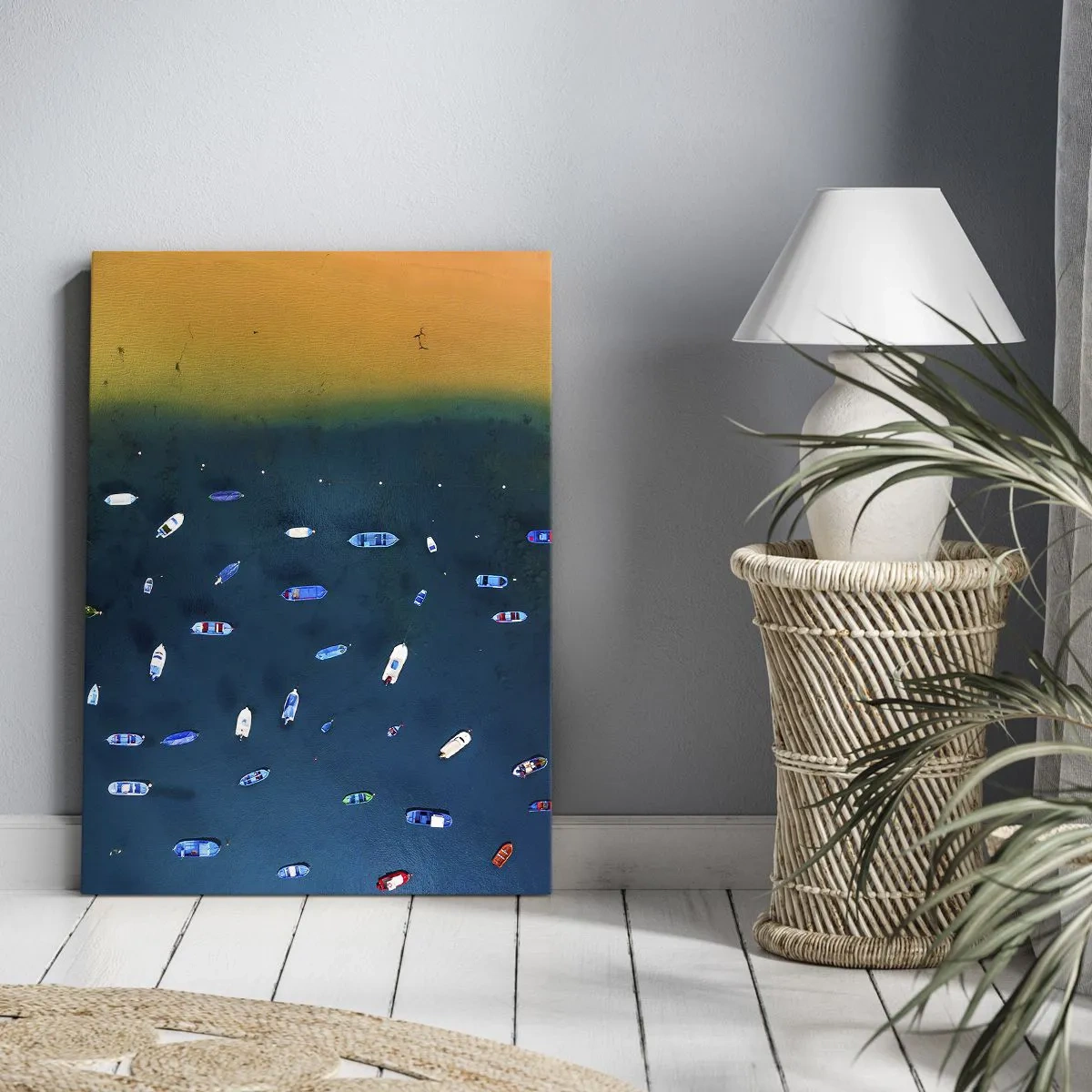 Impression sur toile - Image sur toile - Vue aérienne de bateaux sur l'eau et d'un rivage sablonneux - 70x100cm - Jeu de vacances - Décoration murale moderne pour le salon et la chambre ARTTOR