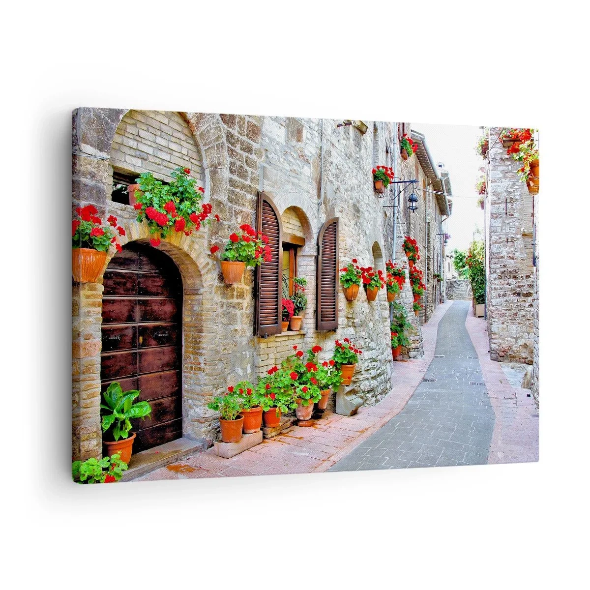 Impression sur toile - Image sur toile - Une rue étroite avec des bâtiments en pierre décorés de pots de fleurs - 70x50cm - Ambiance italienne - Décoration murale moderne pour le salon et la chambre ARTTOR