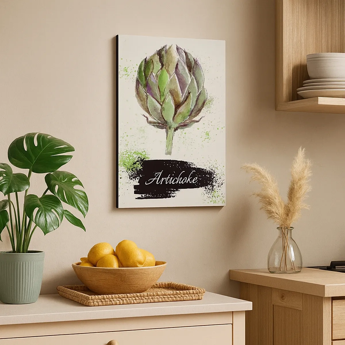 Impression sur toile - Image sur toile - Artichaut à l'aquarelle avec texte sur fond clair aux accents verts - 50x70cm - Vive les légumes! - Décoration murale moderne pour le salon et la chambre ARTTOR