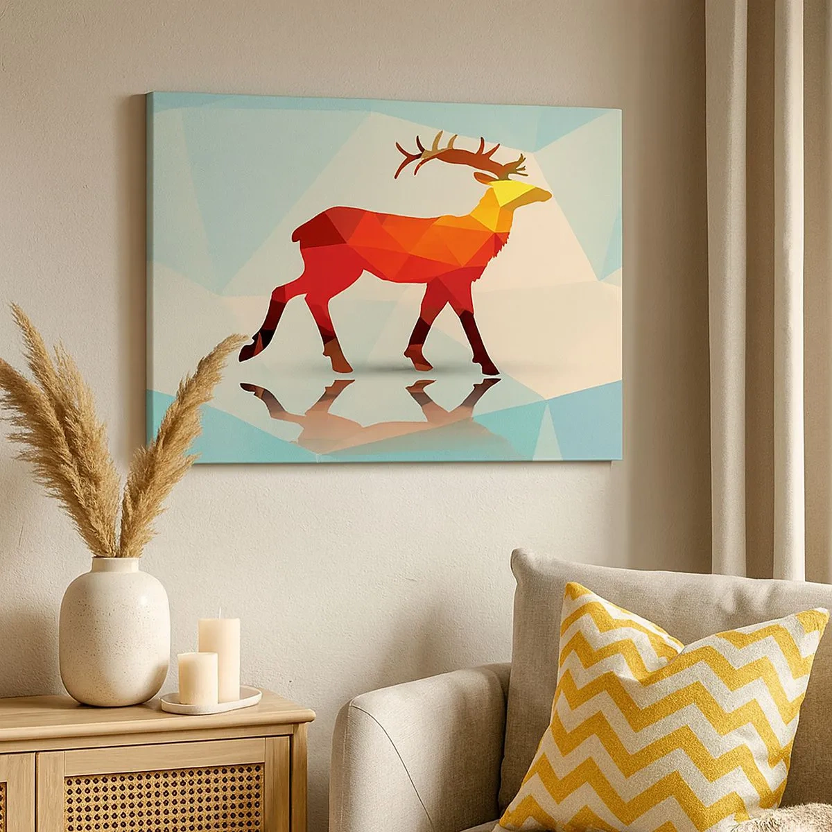 Impression sur toile - Image sur toile - Silhouette géométrique d'un cerf dans les tons de rouge et d'orange - 70x50cm - Cerf géométrique - Décoration murale moderne pour le salon et la chambre ARTTOR