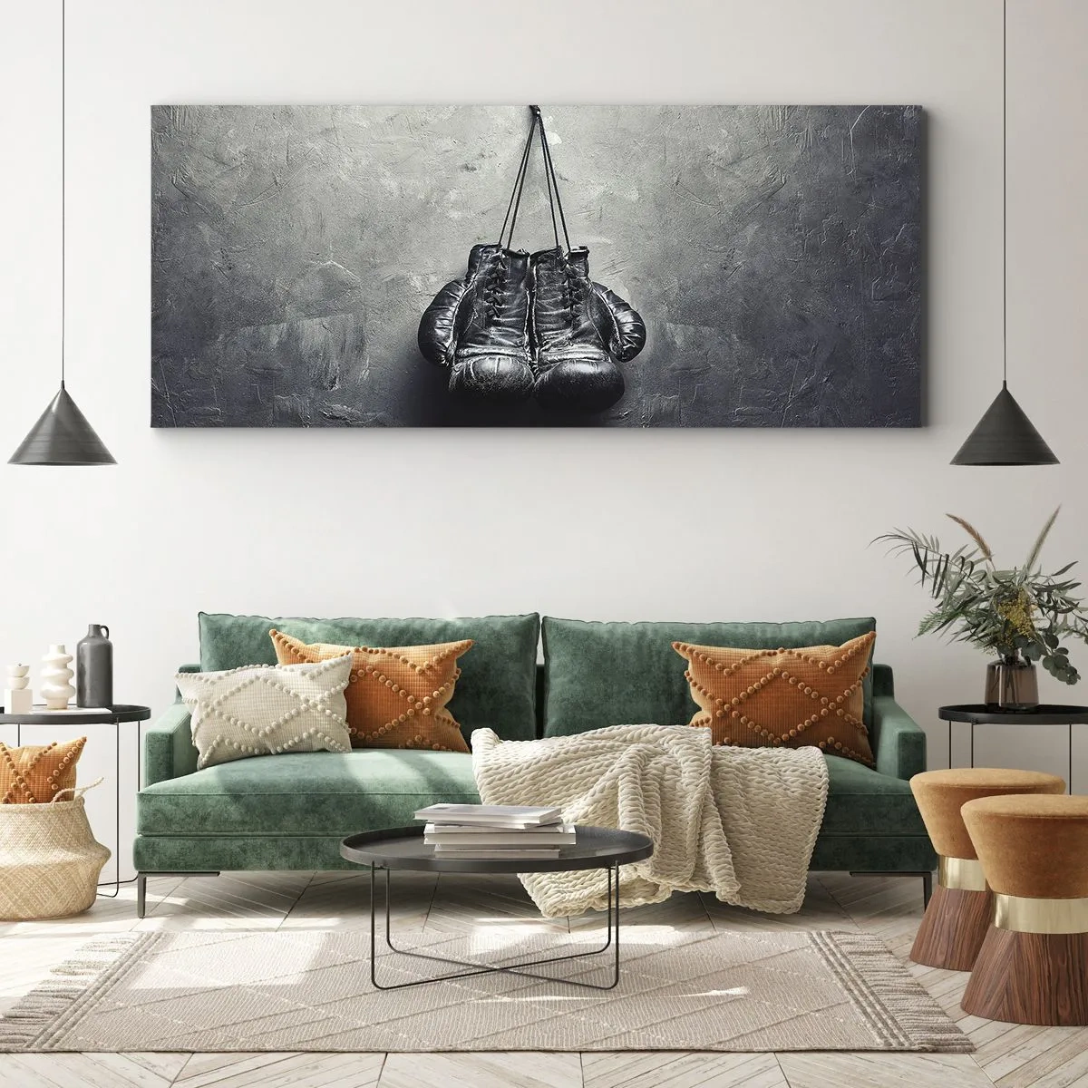 Impression sur toile - Image sur toile - De vieux gants de boxe contre le mur - 120x50cm - Un temps pour se battre et un temps pour la paix - Décoration murale moderne pour le salon et la chambre ARTTOR