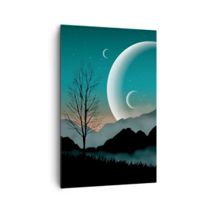 Impression sur toile - Image sur toile - Montagnes brumeuses avec la lune et un arbre solitaire - 80x120cm - Carnaval de la nuit étoilée - Décoration murale moderne pour le salon et la chambre ARTTOR