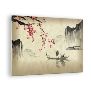 Impression sur verre - Image sur verre - Scène de pêche orientale avec branche de cerisier en fleurs et montagnes - 70x50cm - Au pays des cerisiers en fleurs - Décoration murale moderne pour le salon et la chambre ARTTOR
