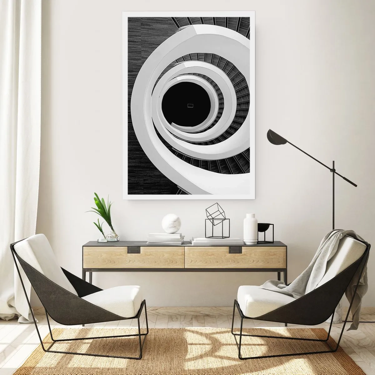 Affiche - Poster - Un escalier en colimaçon en noir et blanc avec un design abstrait - 50x70cm - Les choses concrêtes - Décoration murale moderne pour le salon et la chambre ARTTOR