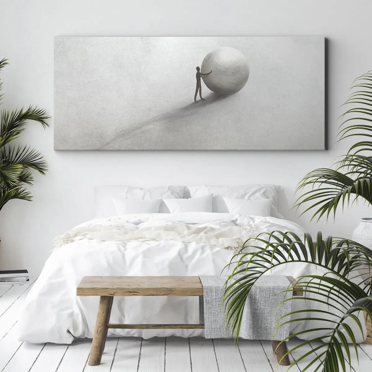 Impression sur toile - Image sur toile - Une figure minimaliste avec une balle sur un fond clair et monochrome. - 120x50cm - Jeu de la vie - Décoration murale moderne pour le salon et la chambre ARTTOR