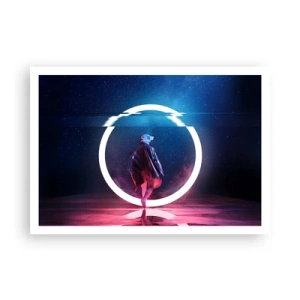 Affiche - Poster - Un personnage dans un environnement futuriste avec un cercle de néon - 100x70cm - Entre deux mondes - Décoration murale moderne pour le salon et la chambre ARTTOR