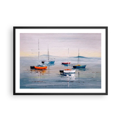 Affiche dans un cadre noir - Poster - Bateaux colorés sur une eau calme - 70x50cm - Un repos bien mérité - Décoration murale moderne pour le salon et la chambre ARTTOR