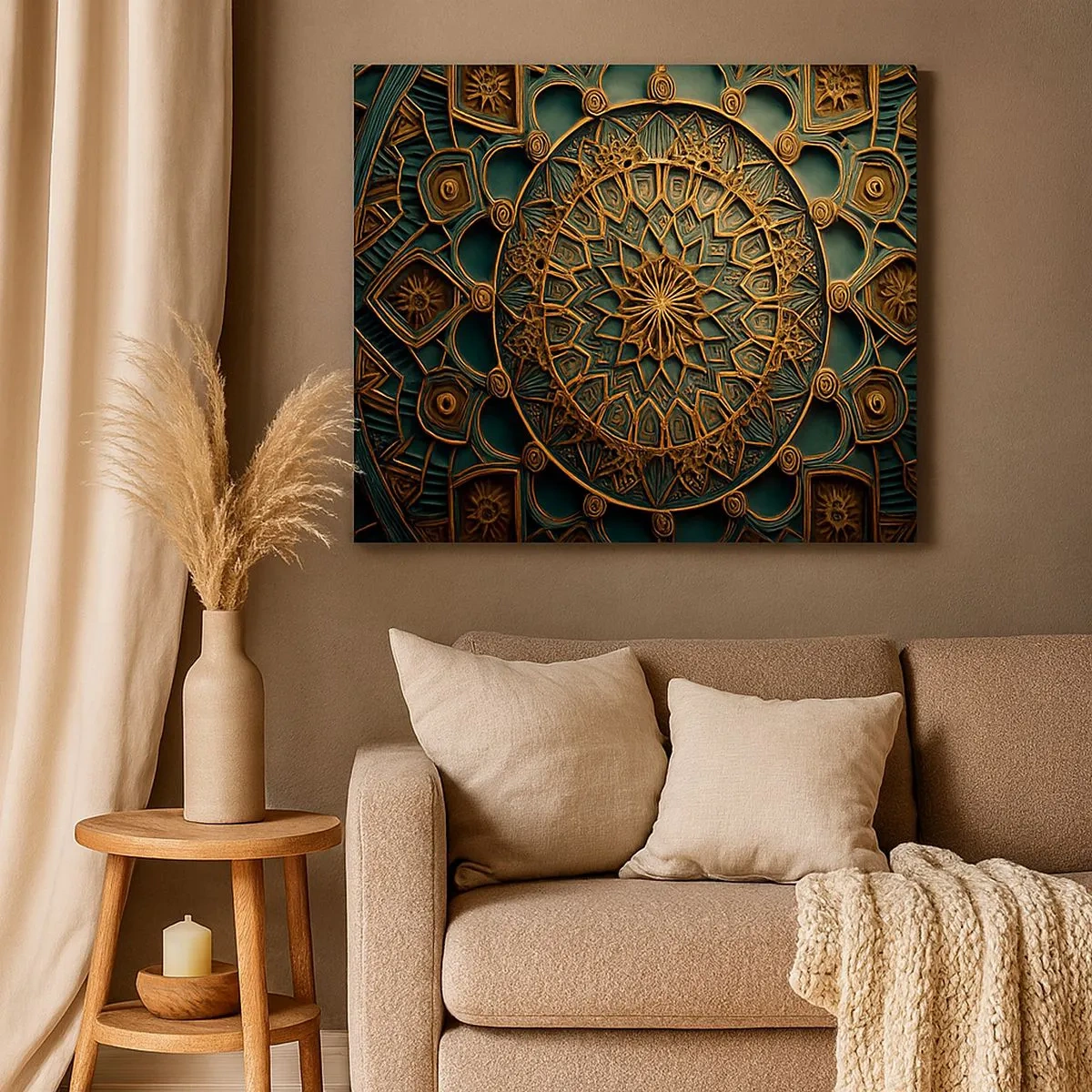 Impression sur toile - Image sur toile - Un mandala doré sur fond turquoise avec des détails riches. - 70x50cm - Dans une ambiance arabe - Décoration murale moderne pour le salon et la chambre ARTTOR