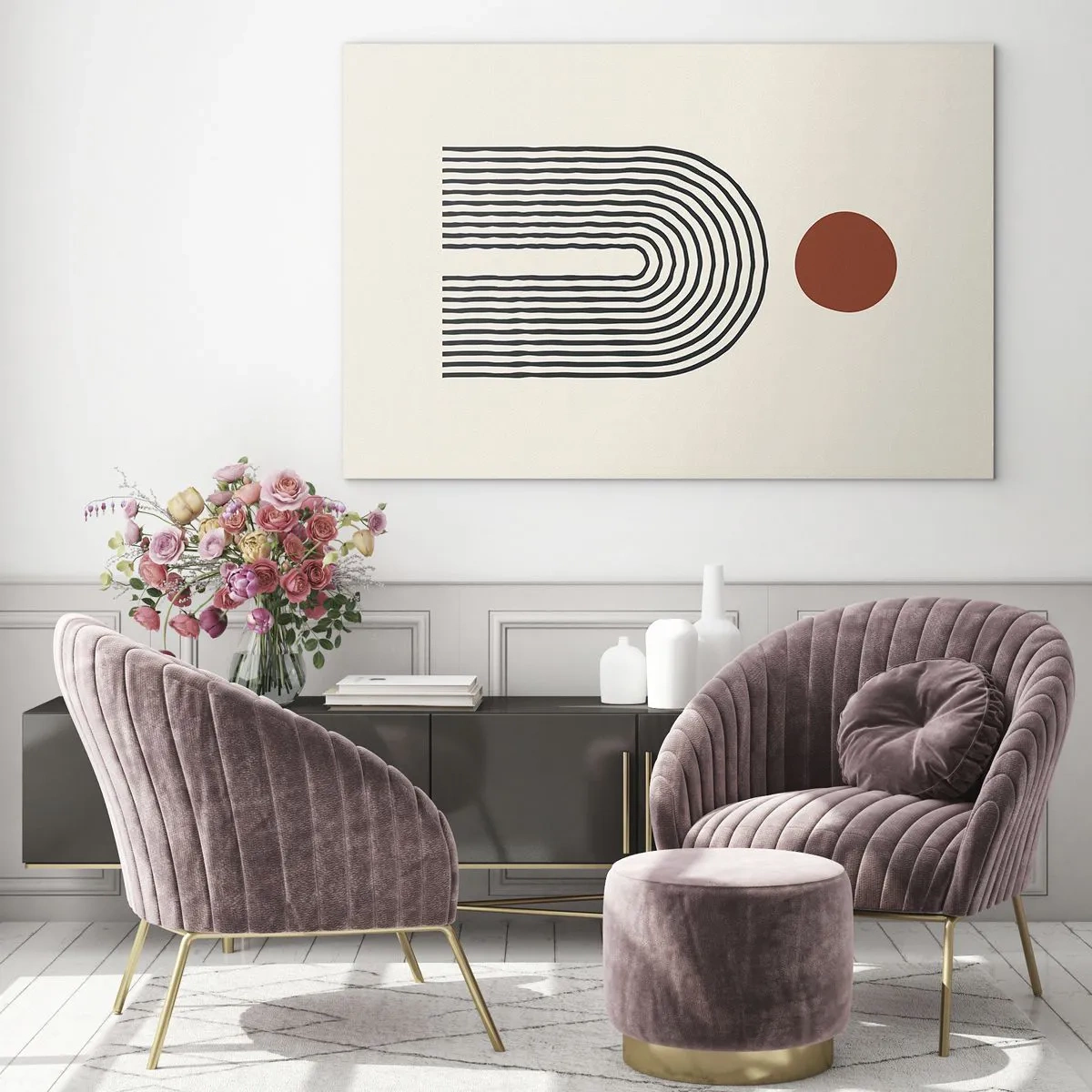 Impression sur verre - Image sur verre - Abstraction graphique avec des lignes et des cercles dans un style rétro - 70x50cm - Le magnétisme des formes et des couleurs - Décoration murale moderne pour le salon et la chambre ARTTOR
