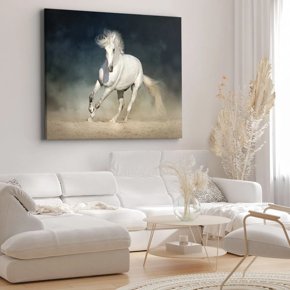 Impression sur toile - Image sur toile - Un cheval blanc galopant dans un ciel flou - 120x80cm - La liberté à l'état pur - Décoration murale moderne pour le salon et la chambre ARTTOR