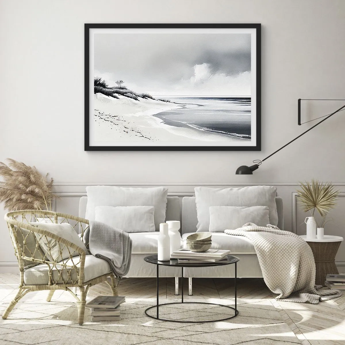 Affiche dans un cadre noir - Poster - Une plage aux tons sobres de gris et de bleu - 70x50cm - Ensemble depuis toujours - Décoration murale moderne pour le salon et la chambre ARTTOR