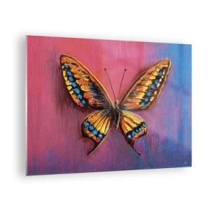 Impression sur verre - Image sur verre - Un papillon coloré sur un fond aux tons roses et violets - 70x50cm - Un joyau de la nature - Décoration murale moderne pour le salon et la chambre ARTTOR