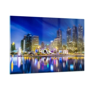 Impression sur verre - Image sur verre - Panorama de la ville la nuit avec les lumières se reflétant dans l'eau - 120x80cm - Nuit arc-en-ciel de la métropole - Décoration murale moderne pour le salon et la chambre ARTTOR