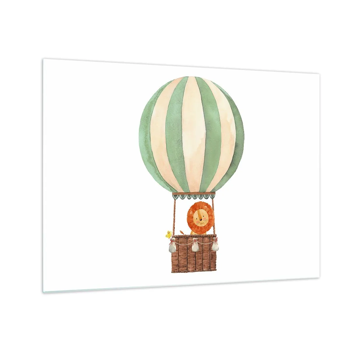 Impression sur verre - Image sur verre - Un lion dans un panier de ballons flottant sur un fond blanc - 70x50cm - Les voyages de Léon - Décoration murale moderne pour le salon et la chambre ARTTOR