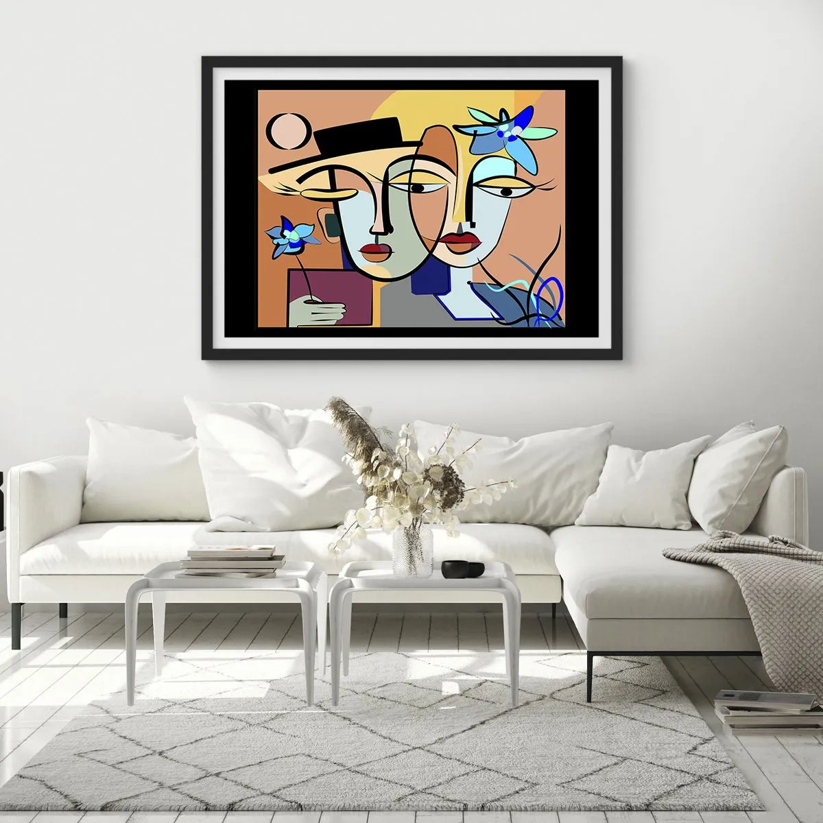 Affiche dans un cadre noir - Poster - Portraits cubistes aux couleurs vives avec un motif floral - 70x50cm - Le Rendez-vous de Picasso - Décoration murale moderne pour le salon et la chambre ARTTOR