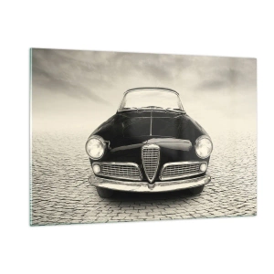 Impression sur verre - Image sur verre - Voiture classique sur une route pavée en noir et blanc - 120x80cm - Et alors! Tu ne m'aime pas? - Décoration murale moderne pour le salon et la chambre ARTTOR