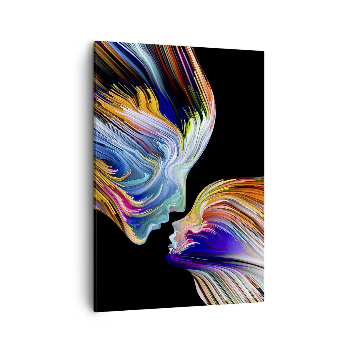 Impression sur toile - Image sur toile - Silhouettes colorées de visages dans des flux dynamiques sur fond noir - 50x70cm - Une fusion d'énergie et de lumière - Décoration murale moderne pour le salon et la chambre ARTTOR