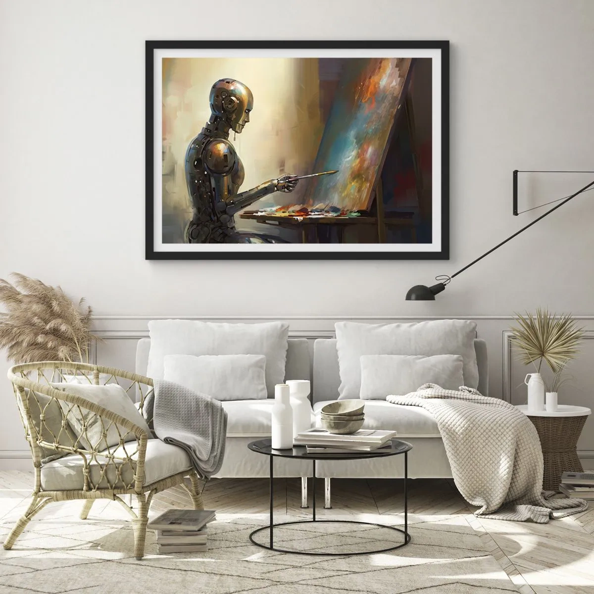 Affiche dans un cadre noir - Poster - Un robot peignant sur une toile dans un style artistique - 70x50cm - L'art du futur - Décoration murale moderne pour le salon et la chambre ARTTOR