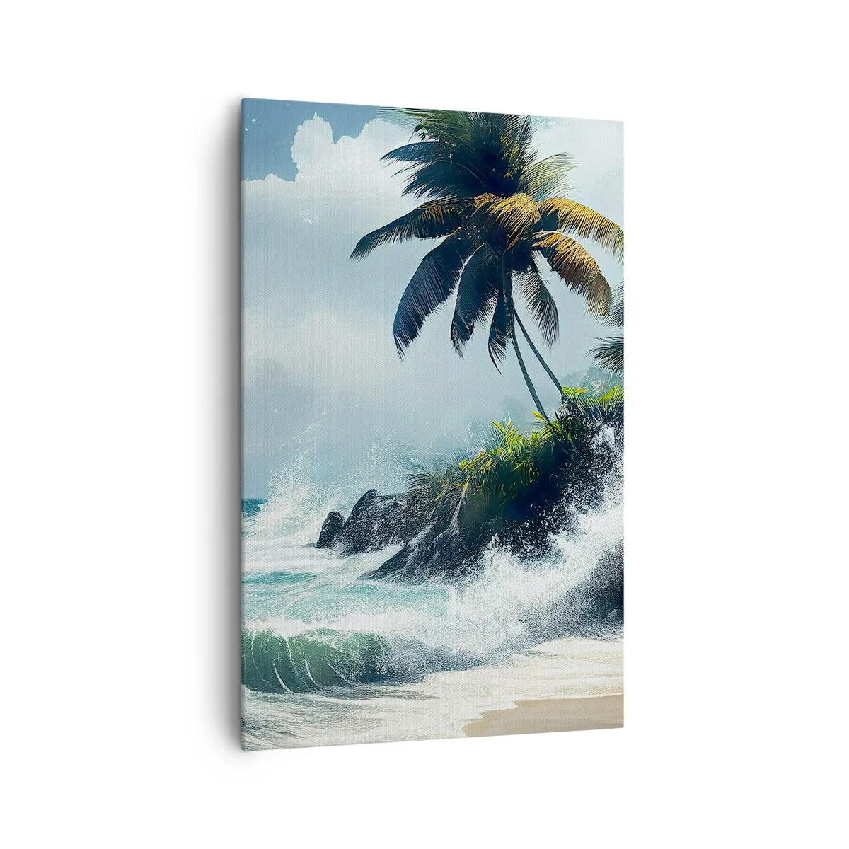Impression sur toile - Image sur toile - Rivage tropical avec palmiers et mer agitée - 80x120cm - Sur une côte tropicale - Décoration murale moderne pour le salon et la chambre ARTTOR